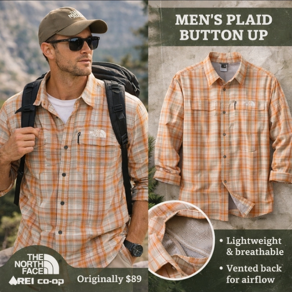 The North Face Plaid Button Up Shirt Mens XXL Orange Tan Outdoor Hiking Light
